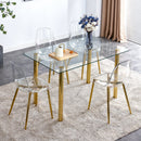 A modern minimalist style glass dining table. Transparent tempered glass tabletop with a thickness of 0.3 feet and golden metal legs. Suitable for restaurants and living rooms. 51"x31.4"x29.5"