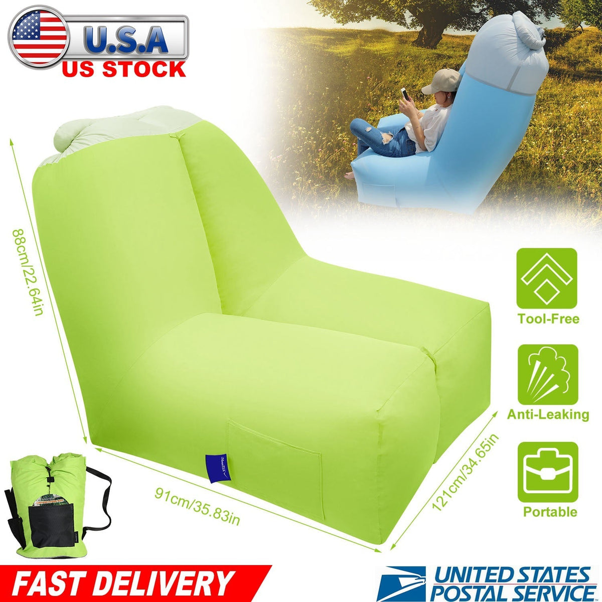 Inflatable Lounger Air Sofa Chair Couch w/ Portable Organizing Bag Waterproof Anti-Leaking for Backyard Lakeside Beach Traveling Camping Picnics, photo 7 of 8