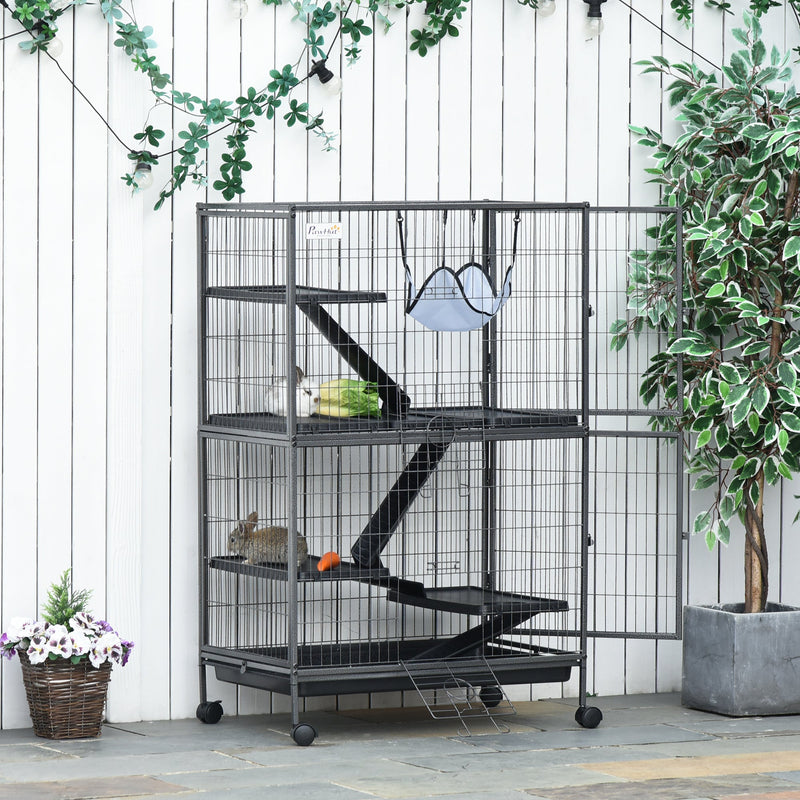 50" H 5-Tier Small Animal Cage, Ferret Cage, Large Chinchilla Cage with Hammock Accessory Heavy-Duty Steel Wire, Small Animal Habitat with 4 Doors, Removable Tray, Silver