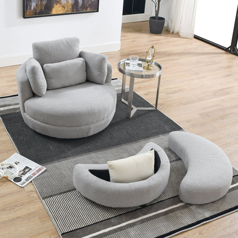 39" W Oversized Swivel Chair with moon storage ottoman for Living Room, Modern Accent Round Loveseat Circle Swivel Barrel Chairs for Bedroom Cuddle Sofa Chair Lounger Armchair, 4 Pillows, Teddy Fabric