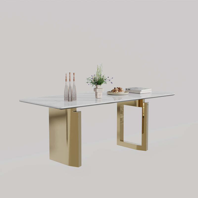 0.47" Thick Sintered Stone Composite Tempered Glass Top Rectangular Dining Table with Stainless Steel Base