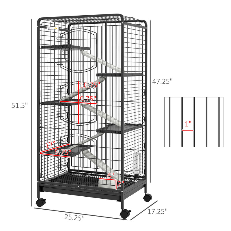 6 Level Small Animal Cage for Dwarf Rabbits, Pet Minks, and Chinchillas w/ Removable Tray, Ramp, Water Bottle, Food Dish, Small Pet Cage for Indoor Use, Black