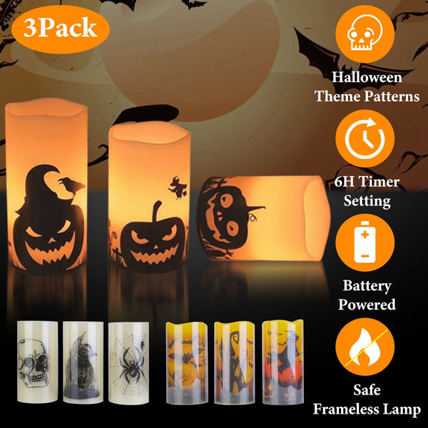 3 Pack Halloween Flameless Candle Lamp with Timer Setting Battery Powered Warm Orange Light Candles for Halloween Party Decoration Pumpkin Crow Bat, photo 2 of 8