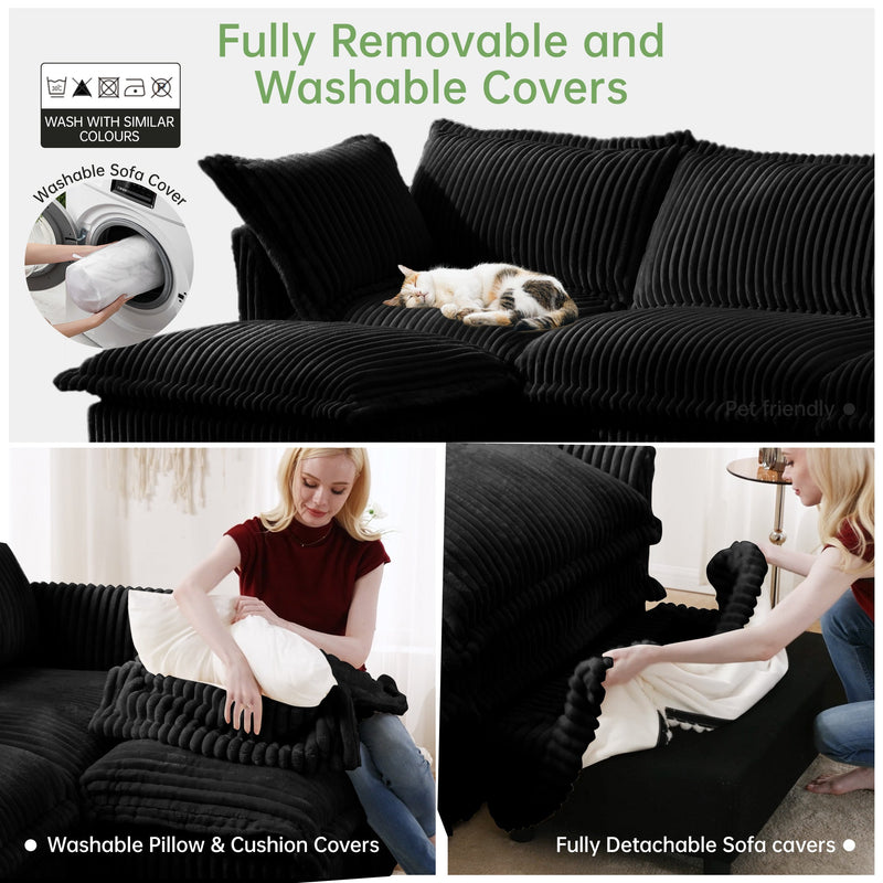L-Shaped Slipcovered Sectional Sofa Couch, Comfy Deep Seat Cloud Couch with Convertible Ottoman & 2 Big Pillows, Modern Oversized 3 Seater Slipcovered Sofa Set for Living Room Office, Black Corduroy