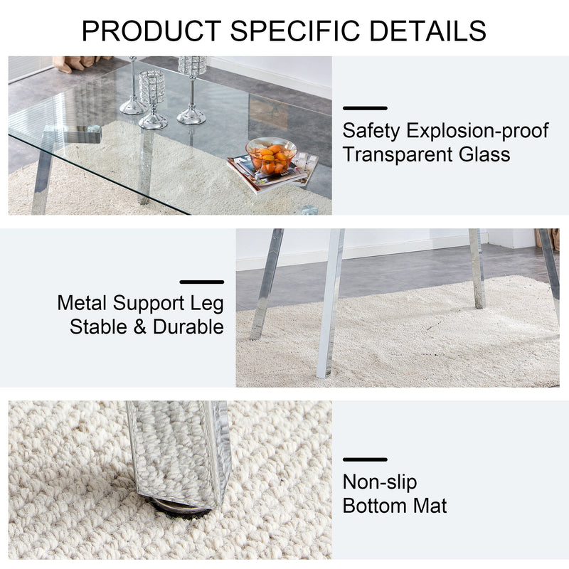 A modern minimalist rectangular glass dining table with tempered glass tabletop and silver metal legs, suitable for kitchens, restaurants, and living rooms,63"x35.4"x30"