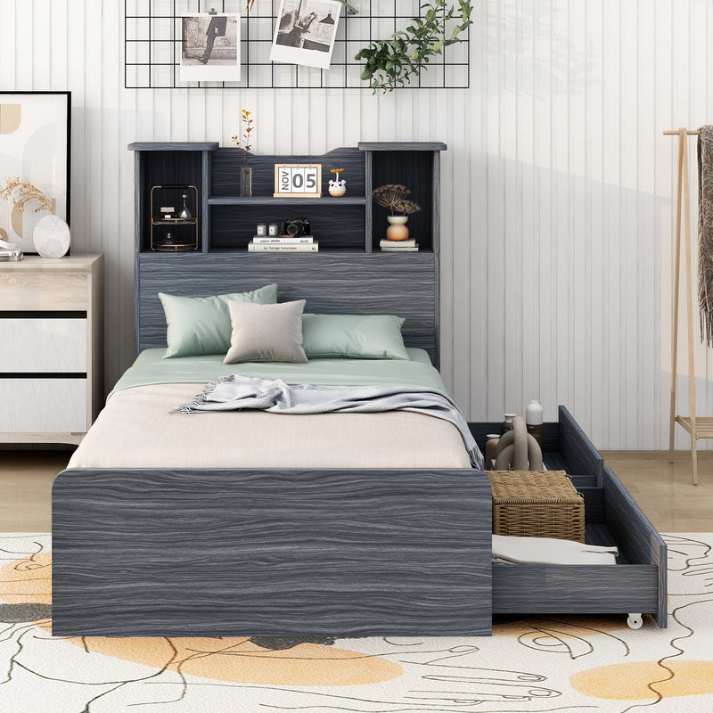 Walker Edison | Twin Size Storage Platform Bed Frame with 4 Open Storage Shelves and 2 Storage Drawers, LED Light, Gray