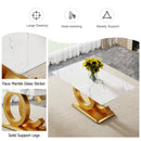 A modern minimalist rectangular dining table suitable for 6-8 people, a set of 6-piece PU leather backrest and gold metal legs modern dining chairs. F-OC