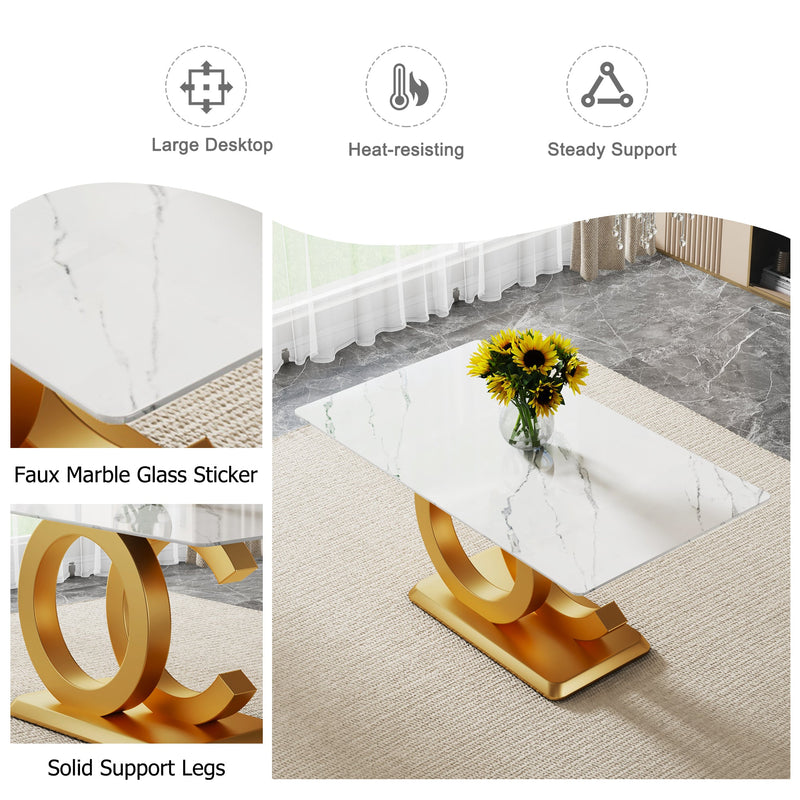 A modern minimalist rectangular dining table suitable for 6-8 people, a set of 6-piece PU leather backrest and gold metal legs modern dining chairs. F-OC