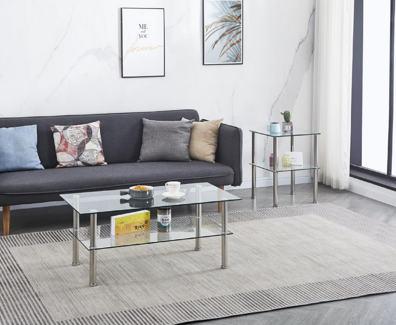 2-Layer Space Coffee Table, Modern Sofa table with Storage Shelve for Living Room Silver