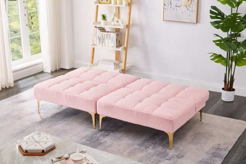 71" Convertible sofa bed futon with gold metal legs teddy fabric (Pink)
