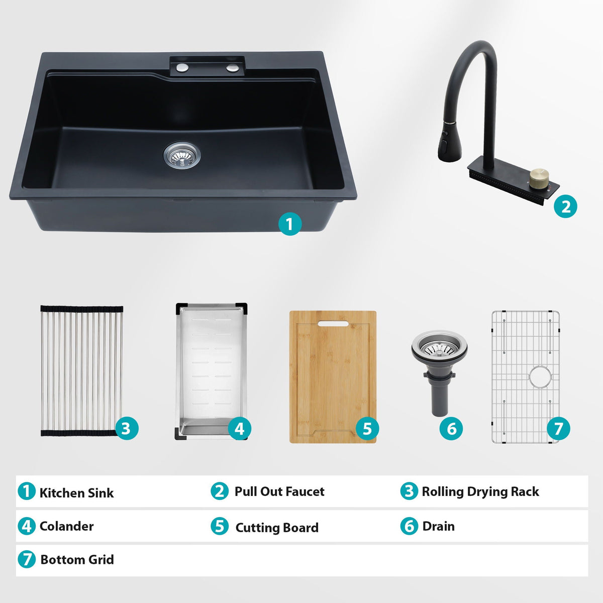 Waterfall Kitchen Sink With Pull Out Faucet & Cup Washer, photo 33 of 40