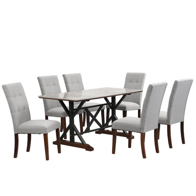 7-piece Modern Dining Table Set, Gray Sintered Stone Dining Table with 6 Tufted Upholstered Chairs, 63-inch Rectangle Dining Table for Dining Room
