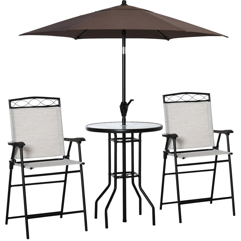 4 Piece Outdoor Patio Dining Furniture Set, 2 Folding Chairs, Adjustable Angle Umbrella, Wave Textured Tempered Glass Dinner Table, Beige