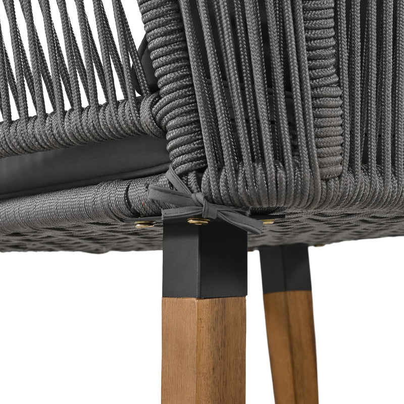 6-Piece Rope Patio Furniture Set, Outdoor Furniture with Acacia Wood Cool Bar Table with Ice Bucket, Deep Seat Patio Conversation Set with Two Stools for Backyard Porch Balcony (Grey)