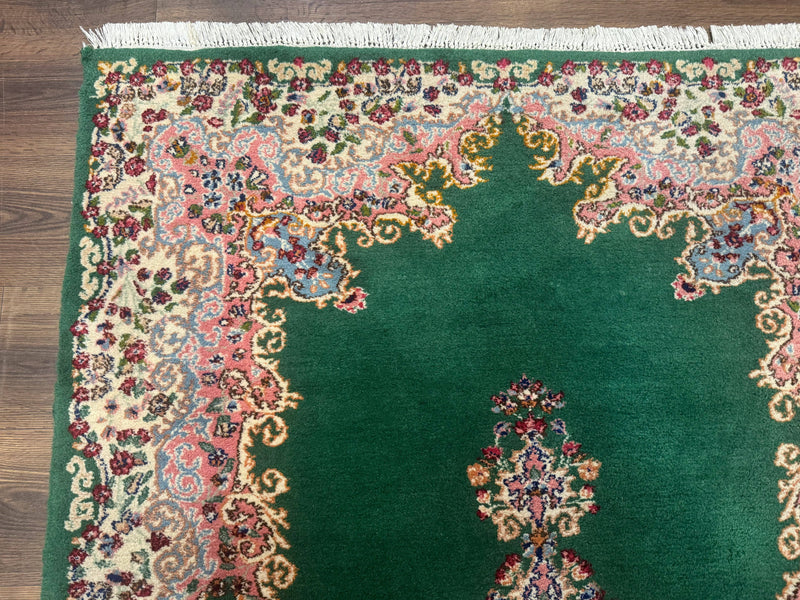 Green Persian Kerman Rug 4x6, Semi Open Field, Green & Cream, Vintage