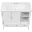 36" Bathroom Vanity with Ceramic Basin, Bathroom Storage Cabinet with Two Doors and Drawers, Solid Frame, Metal Handles, White