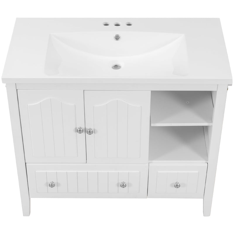 36" Bathroom Vanity with Ceramic Basin, Bathroom Storage Cabinet with Two Doors and Drawers, Solid Frame, Metal Handles, White
