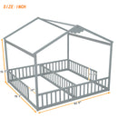 Double Twin House-Style Floor Bed with Fence, Guardrails, without door, Grey(Old Sku:W504P143316)