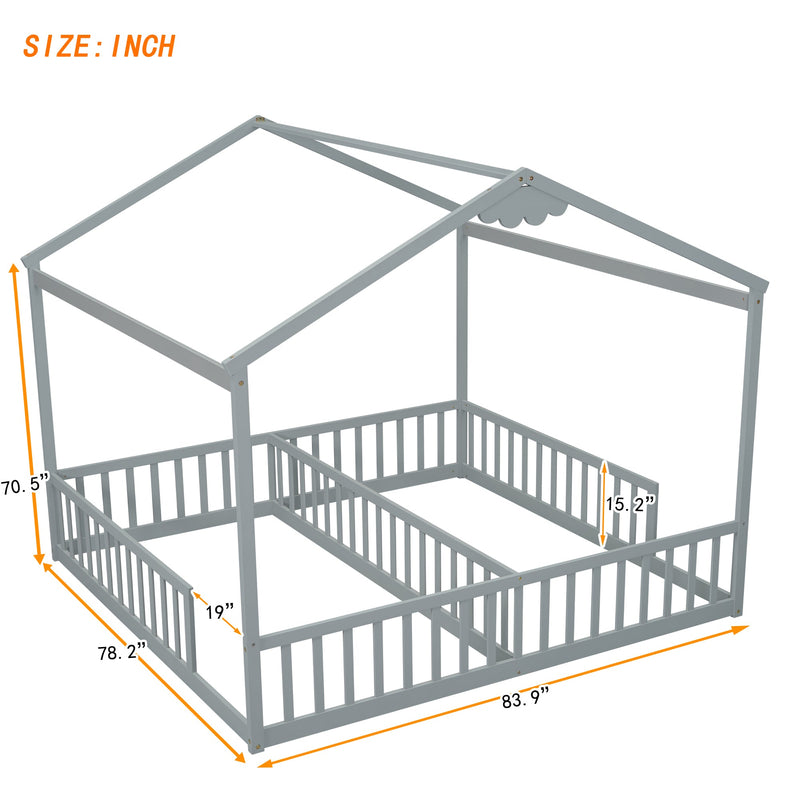 Double Twin House-Style Floor Bed with Fence, Guardrails, without door, Grey(Old Sku:W504P143316)