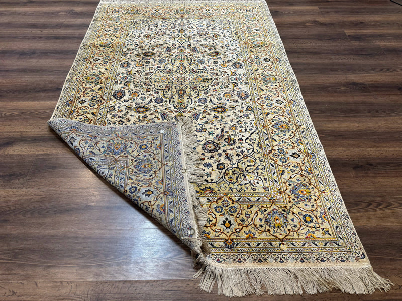 Rare Silk Persian Kashan Rug 4.6 x 7, Antique Fine 310 KPSI, Ivory