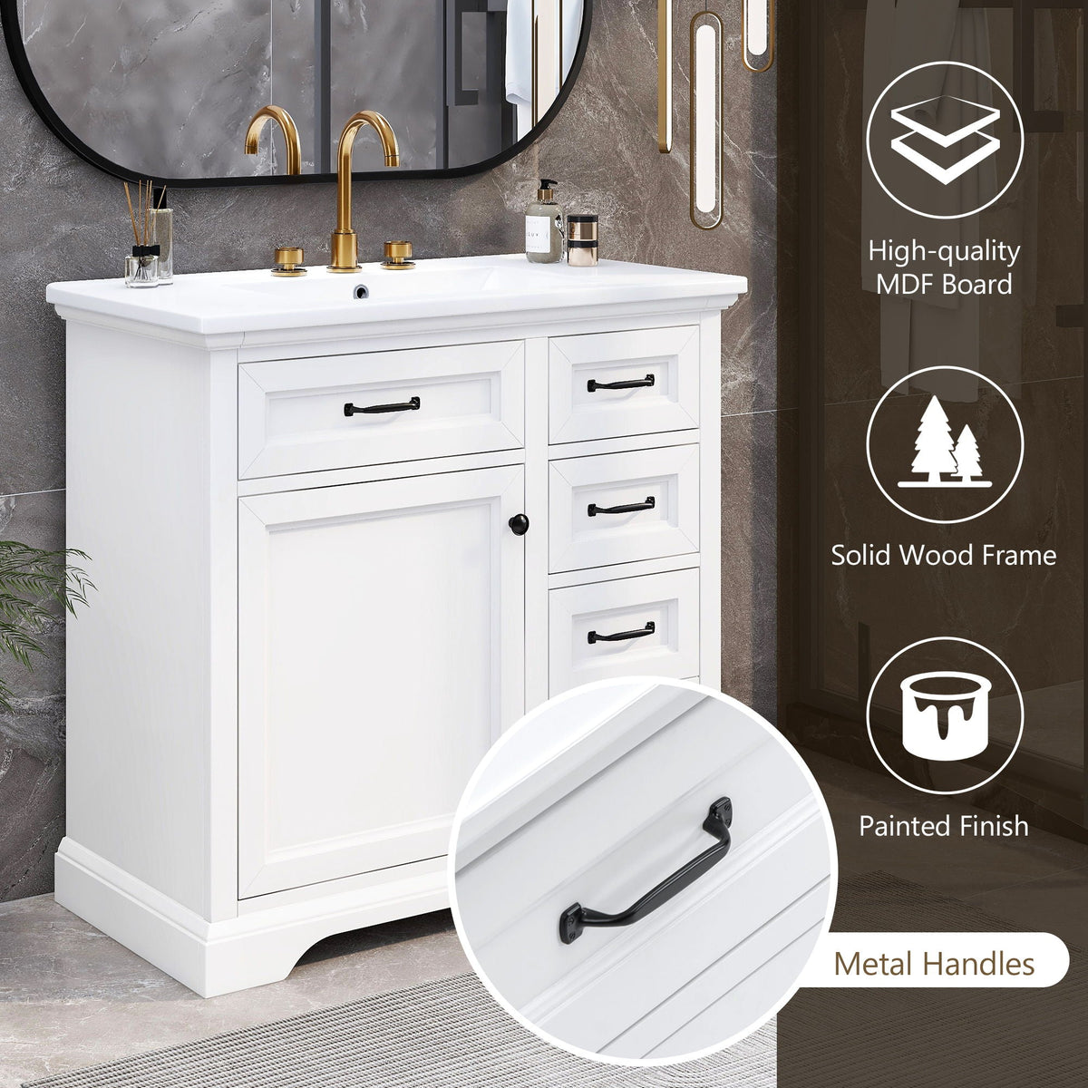 36" Bathroom Vanity With Sink, 2 Tip-Out Drawers, Soft Close Hinges, photo 36 of 40