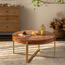 33.86"Modern Retro Splicing Round Coffee Table,Fir Wood Table Top with Gold Cross Legs Base