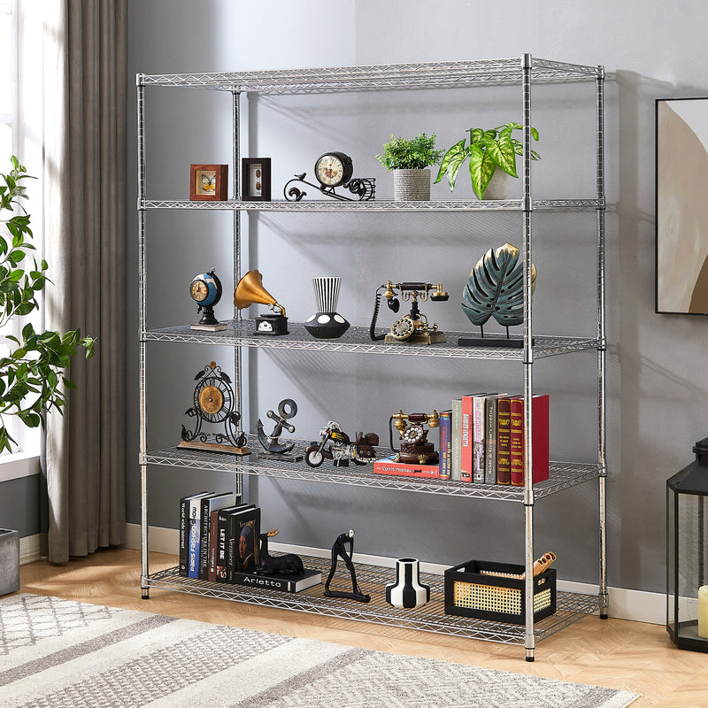 5 tiers of chrome-plated, heavy-duty, adjustable shelving and racking with a 200 lb. weight capacity per wire shelf for warehouses, supermarkets, kitchens, etc. 59.45 "L x 24.02 "W x 71.65 "H