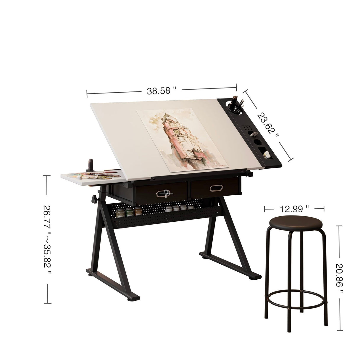 Adjustable Drawing Drafting Table Desk with 2 Drawers, photo 3 of 10