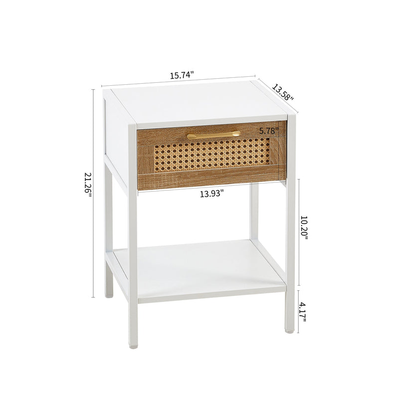15.74" Rattan End table with drawer, Modern nightstand, metal legs,side table for living room, bedroom,white(1 pc)