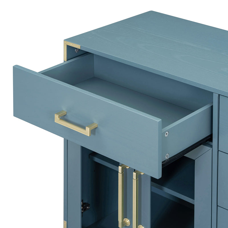 6-drawer and 2-Cabinet Retro Sideboard with Extra Large Storage Space, with Gold Handles and Solid Wood Legs, for Kitchen and Living Room (Antique Blue)