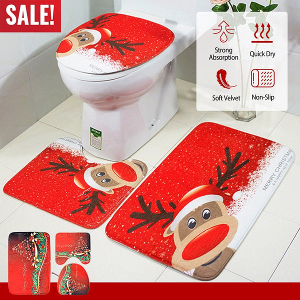 3 Pcs Christmas Bathroom Rugs Set Contour Non-slip Toilet Mats Absorbent Cozy Velvet Floor Carpets, photo 2 of 8
