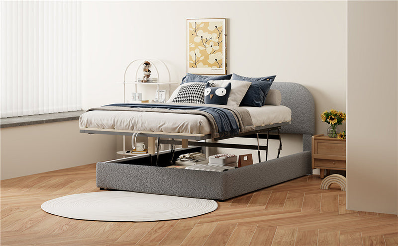 Walker Edison - Teddy Fleece Full  Size Upholstered Platform Bed with Hydraulic Storage System, Gray