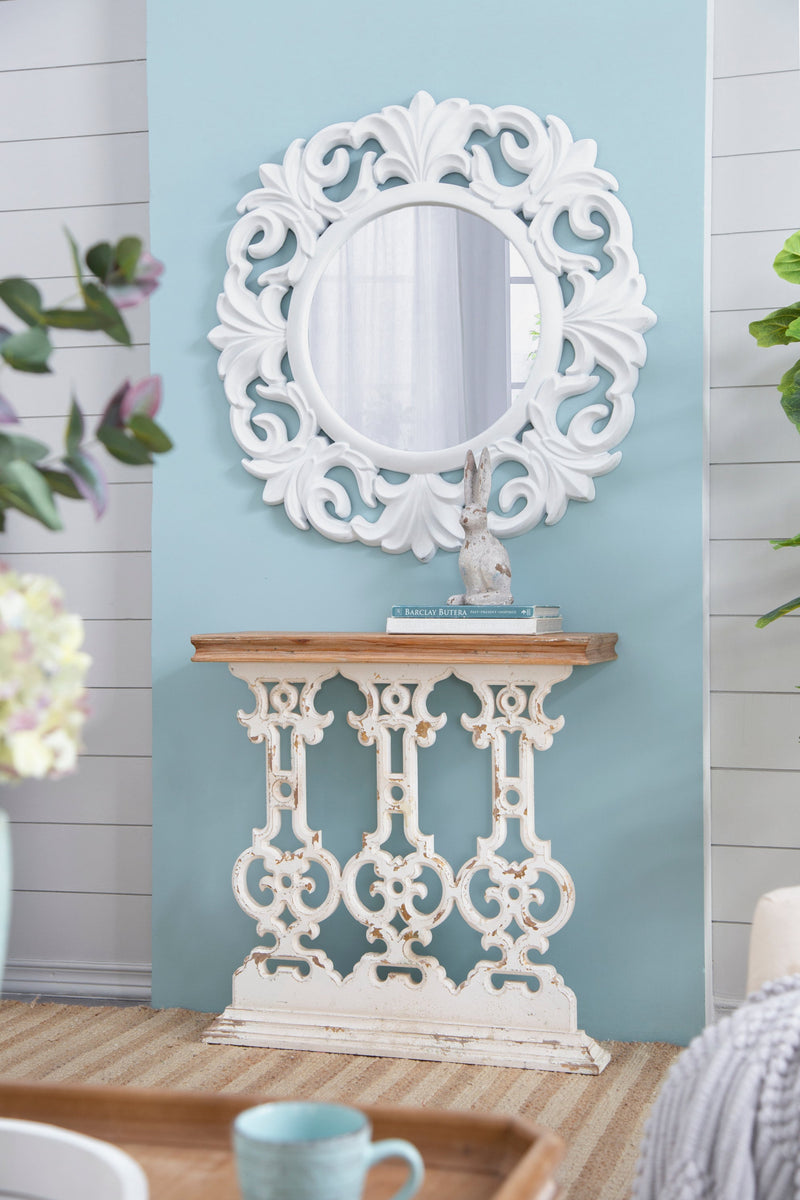 32" x 12" x 32" Classic Vintage White Wash Console Table with Brown Wood Top