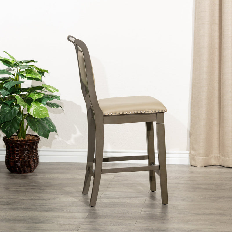 24" Counter Stool, Weathered Gray Finish, French Gray Leather Seat