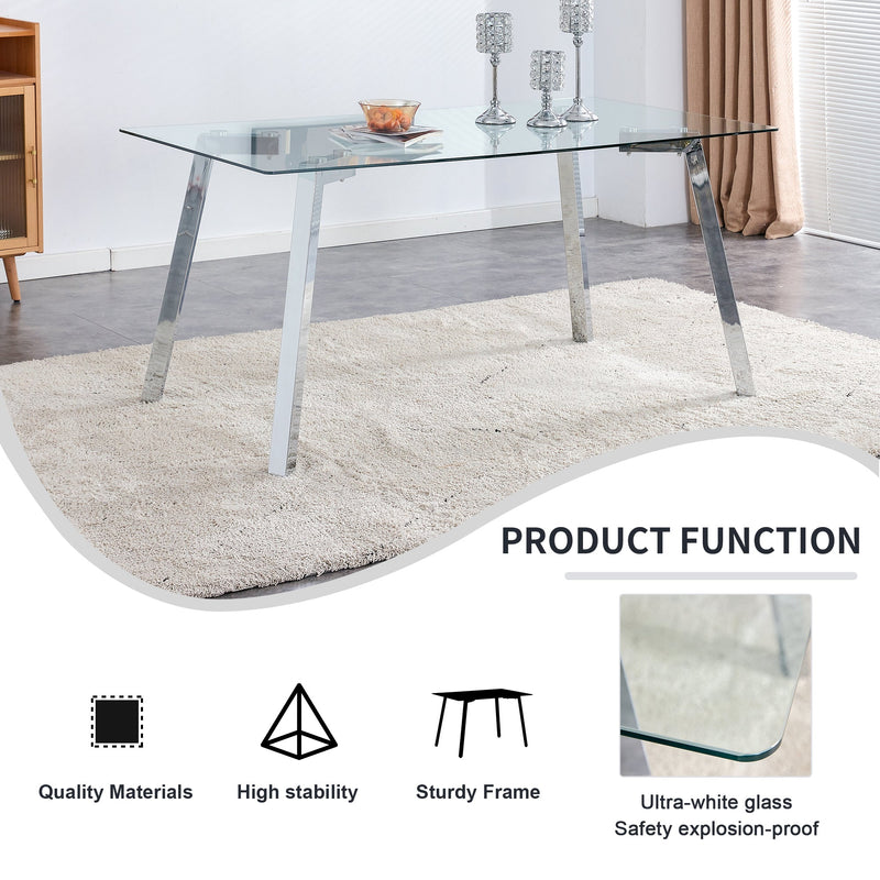 A modern minimalist rectangular glass dining table with tempered glass tabletop and silver metal legs, suitable for kitchens, restaurants, and living rooms,63"x35.4"x30"