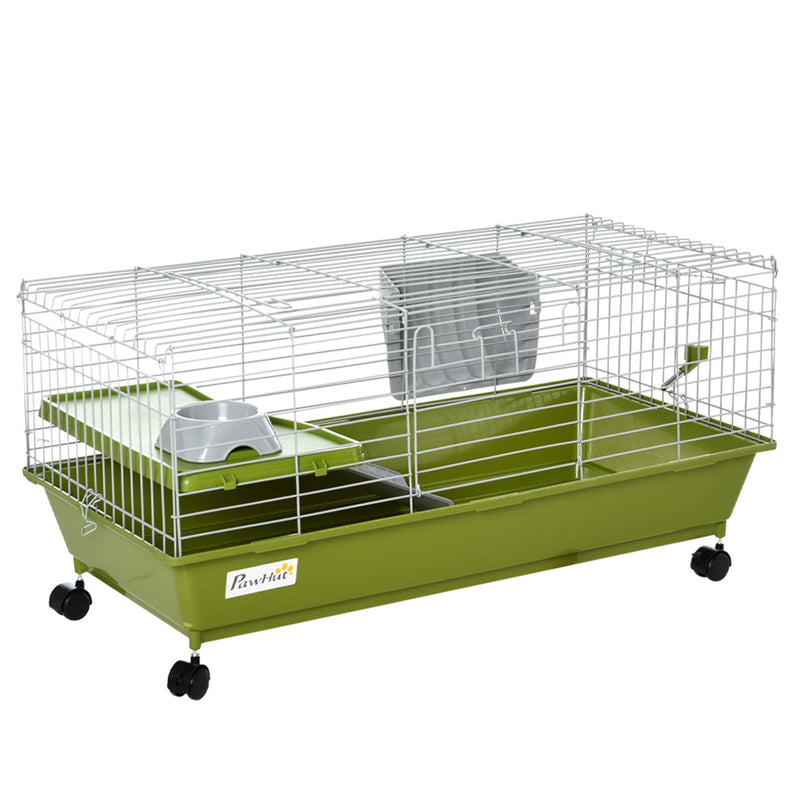 35"L Small Animal Cage, Rolling Bunny Cage, Guinea Pig Cage with Food Dish, Water Bottle, Hay Feeder, Platform, Ramp for Ferret Chinchilla, Green