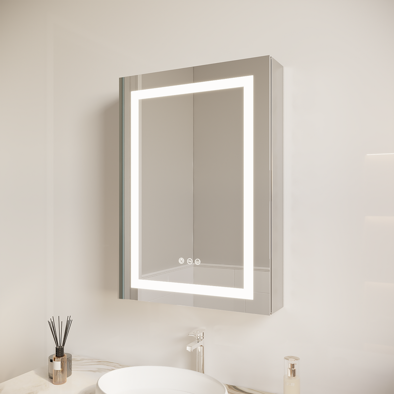 26x20 inch Bathroom Medicine Cabinet with LED Mirror, Anti-Fog, Waterproof, 3000K~6000K Single Door Lighted Bathroom Cabinet with Touch Swich, Dimmable, Recessed or Surface Mount (Right Door)