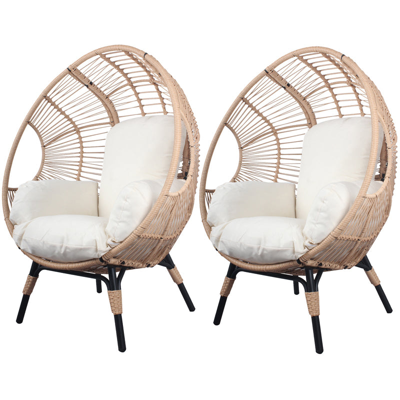 2 Pieces Patio PE Wicker Egg Chair Model 2 with Natural Color Rattan Beige Cushion