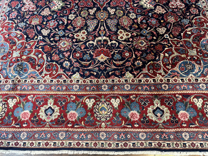 Navy Blue Persian Rug 9x12, Antique Persian Carpet, Kork Wool, 200 KPSI, Persian Kashan Rug