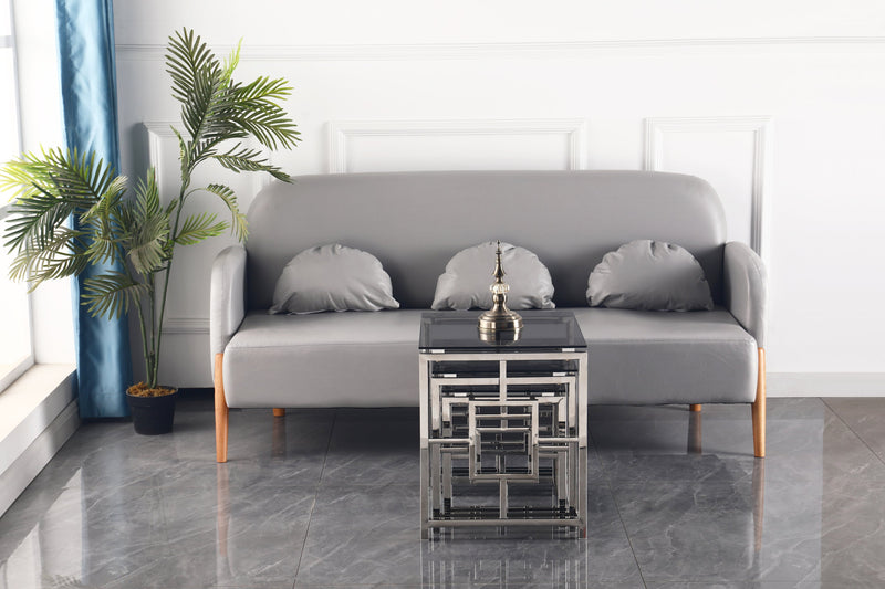 3 Pieces Silver Square Nesting Glass End Tables- Small Coffee Table Set- Stainless Steel End Tables with Dark Gray Tempered Glass- 18" Modern Minimalist Small Coffee Tables for Living Room