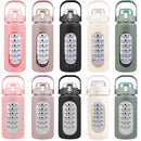34Oz Glass Water Bottle Sports Water Bottle Motivational Water Bottle Water Intake Tracker Bottle with Straw Time Marker Silicone Sleeve Handle for Gy