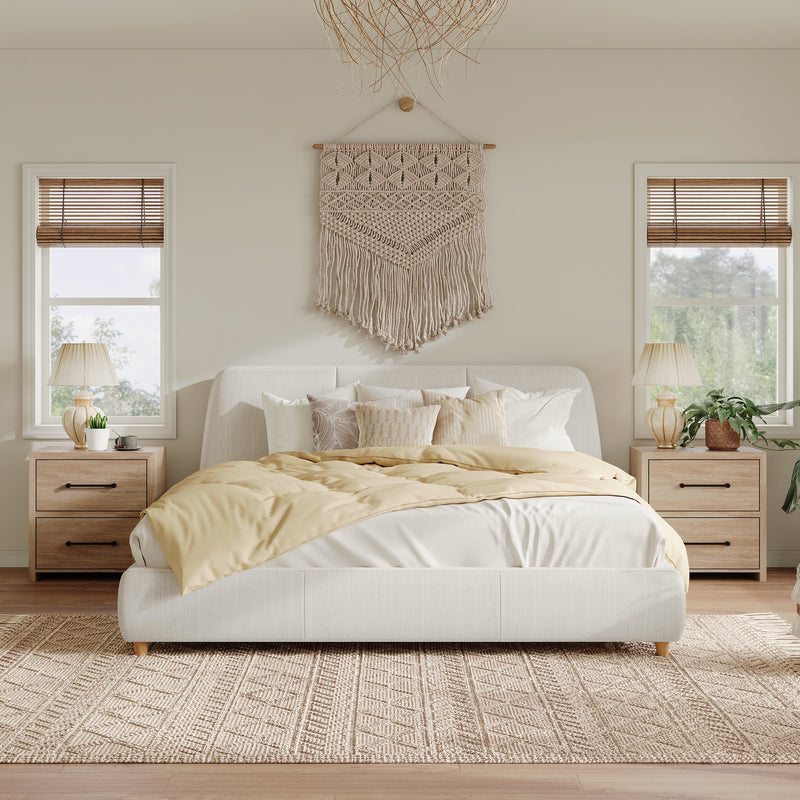 Queen Size Modern Upholstered Bed Frame with Linen Fabric and Solid Wood Legs, White