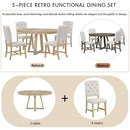 5-Piece Retro Functional Dining Set, Round Table with a 16"W Leaf and 4 Upholstered Chairs for Dining Room and Living Room (Natural)