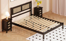 3-Pieces Bedroom Sets Full Size Wooden Platform Bed with Natural Rattan Headboard, Nightstands Set of 2 with Rattan-Woven Surfaces and Three Drawers for Bedroom, Black