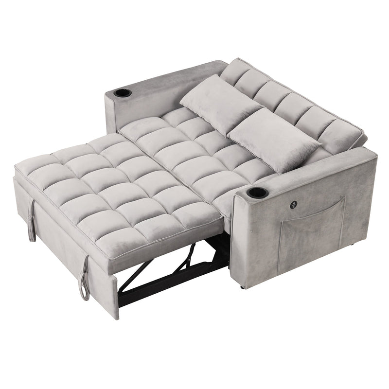 55.3" 4-1 Multi-functional Sofa Bed with Cup Holder and USB Port for Living Room or Apartments, Gray