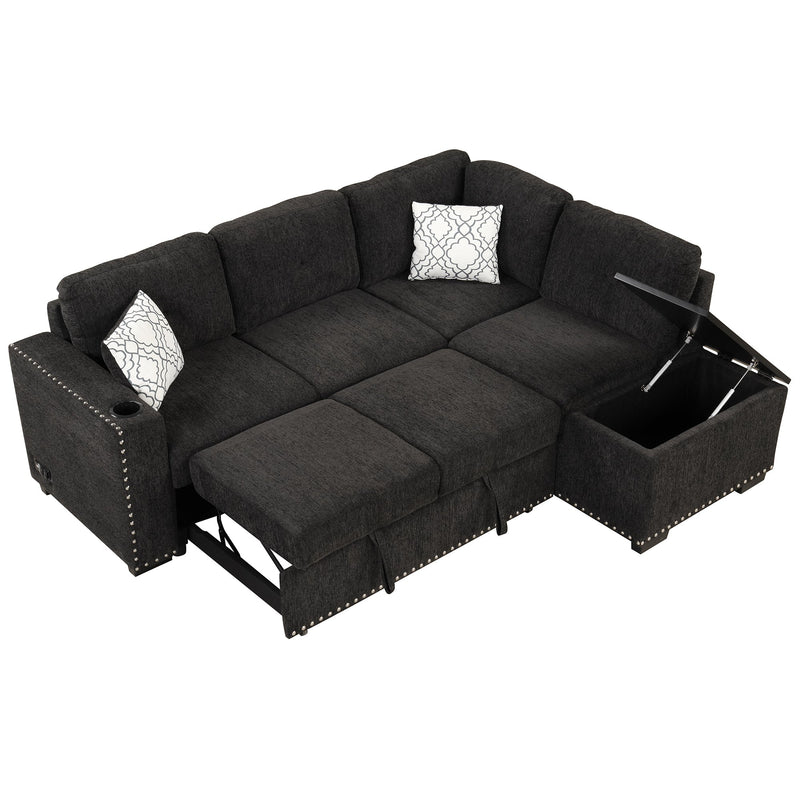 83.8" Reversible Sectional Pull-Out Sofa Bed L-Shaped Corner Sofa Couch with Storage Chaise, USB Ports, Power Sockets, Cup Holder for Living Room, Bedroom, Study, Black