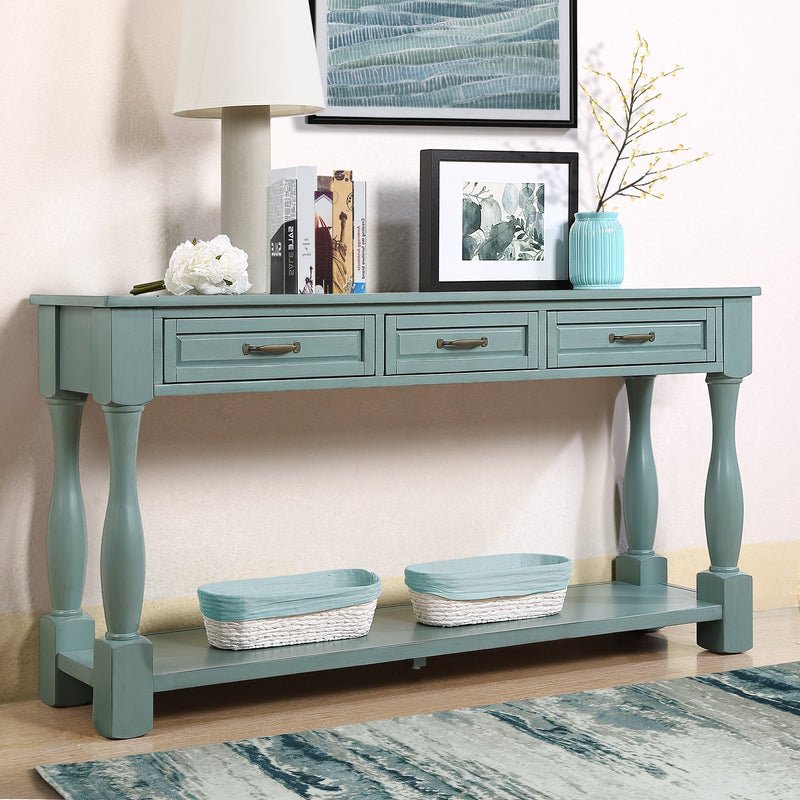 63inch Long Wood Console Table with 3 Drawers and 1 Bottom Shelf for Entryway Hallway Easy Assembly Extra-thick Sofa Table (Retro Blue)