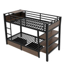 Twin Size Metal Bunk Bed with Storage Shelves, LED Light Strip, and USB Power Strip