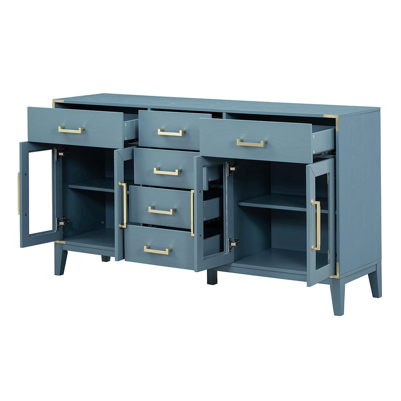 6-drawer and 2-Cabinet Retro Sideboard with Extra Large Storage Space, with Gold Handles and Solid Wood Legs, for Kitchen and Living Room (Antique Blue)
