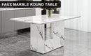 A simple dining table. A dining table with a white marble pattern. 4 PU synthetic leather high backrest cushioned side chairs with C-shaped silver metal legs. DT-SQ-16090-wh